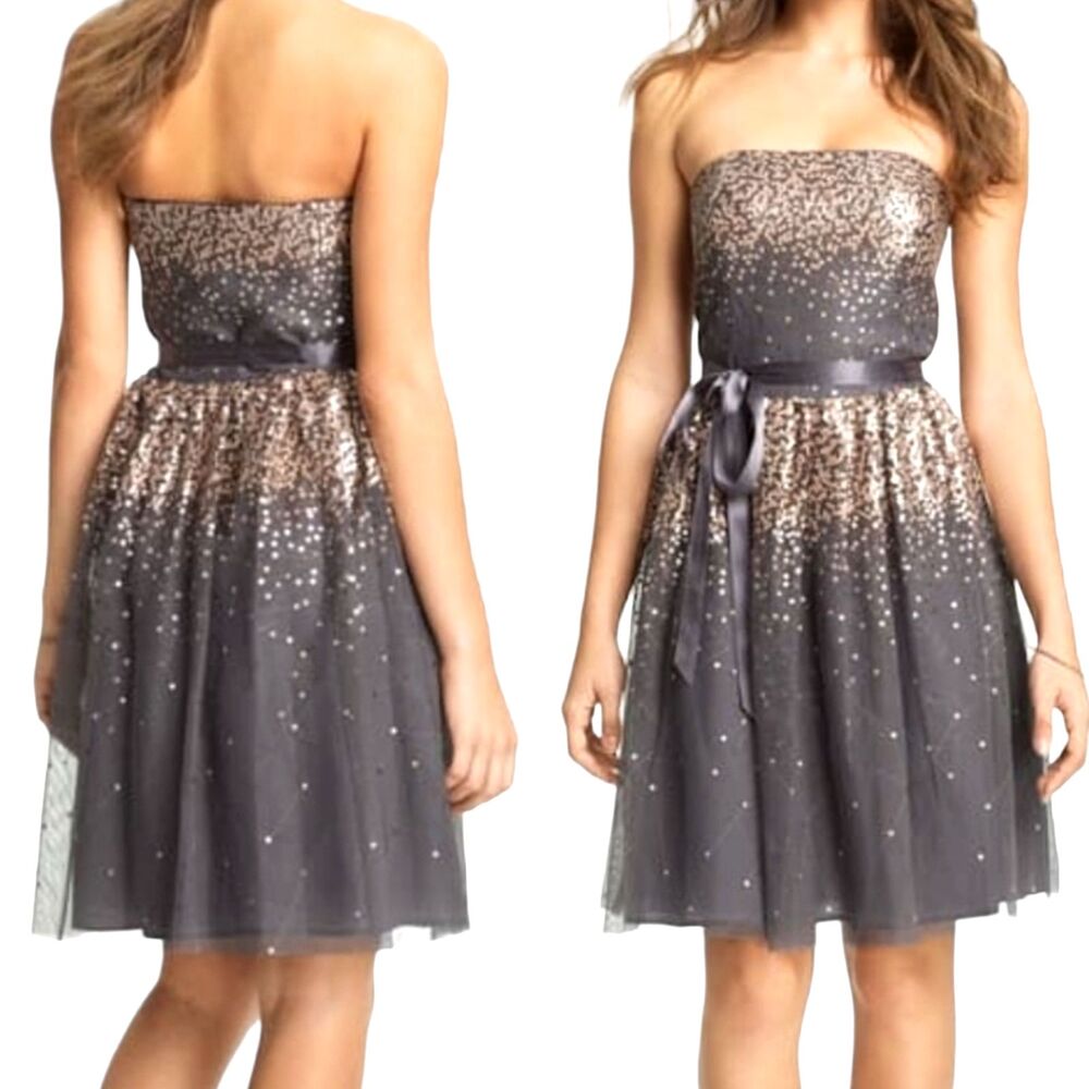 8 Missy Eliza J Sequin Tulle Dress Grey Metallic Copper Short Strapless Prom